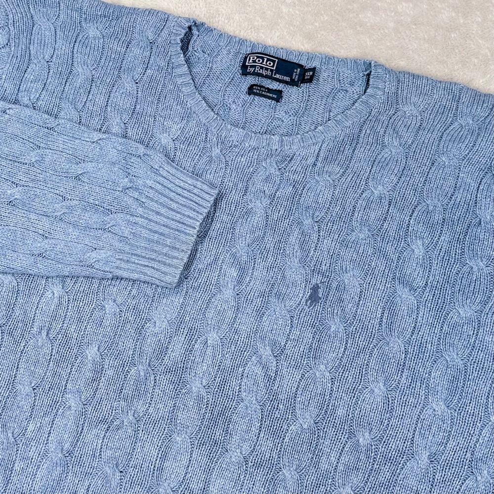 Polo Ralph Lauren Silk Cashmere Sweater Men 3XB Blue Cable Knit Crewneck 3XL Big
